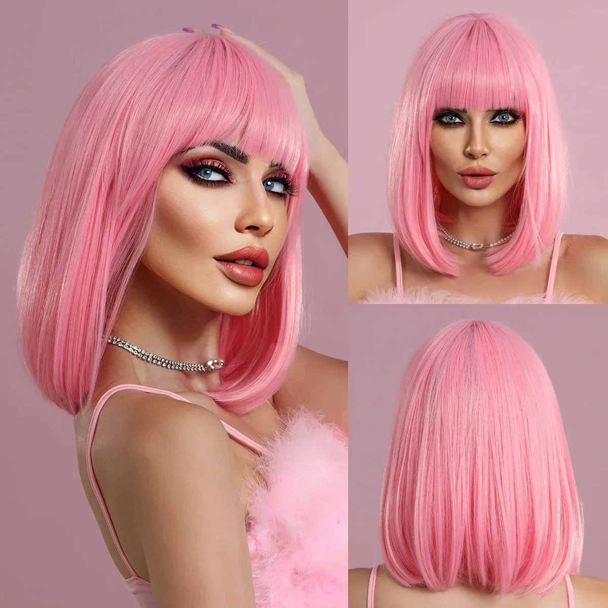

Короткий прямой розовый парик для женщин, повседневный женский парик для косплея, парик из натурального синтетического Боба, парики с челкой из термостойкого волокна