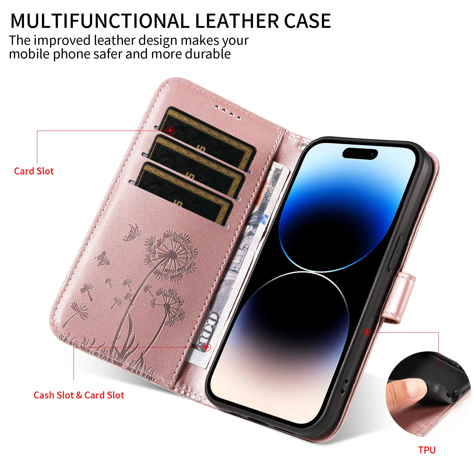 RFID Blocking Leather Flip Wallet Case with Anti-Fall Protection