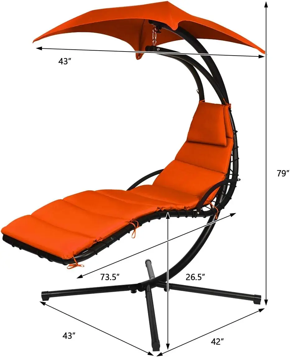 Hanging Chaise Lounger Chair, Arc Stand Porch Swing Chair w/Canopy, Cushion Built-in Pillow, Outdoor Freestanding Swing Hammock