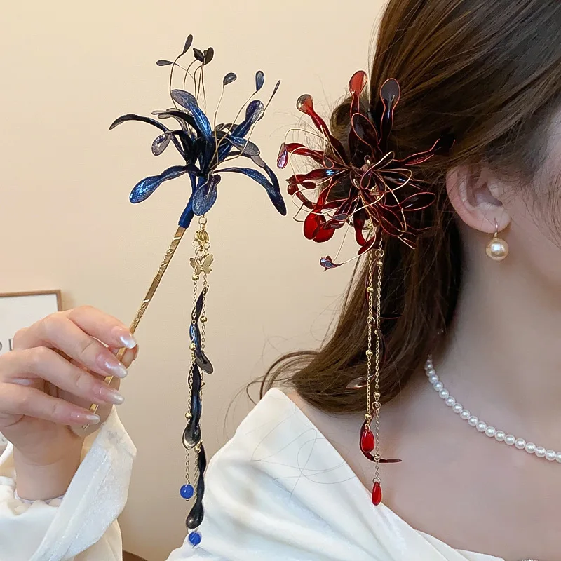 Fairy Red Spider Lily Flower Hair Sticks For Women Dripping Oil Tassel Hairpins Vintage Delicate Hanfu Chopsticks Wedding hair accessory hair stick hair headdress jewelry accessories bridal headwear