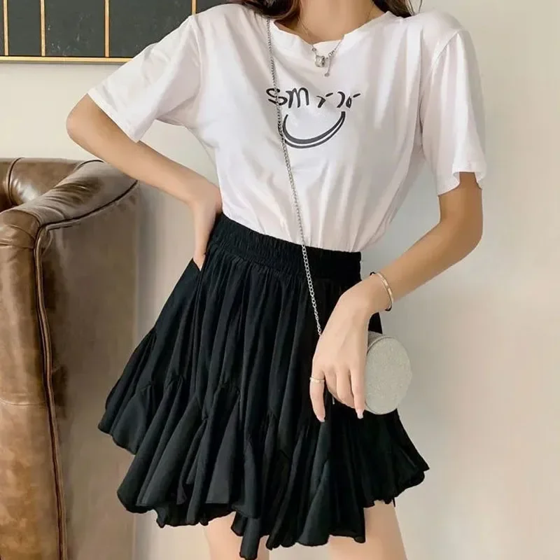 Ruffled Edge Skirt Elastic Waist Thin Women A-line Pleated Puffy Preppy Style Solid Color Simple Casual Korean Fashion Summer