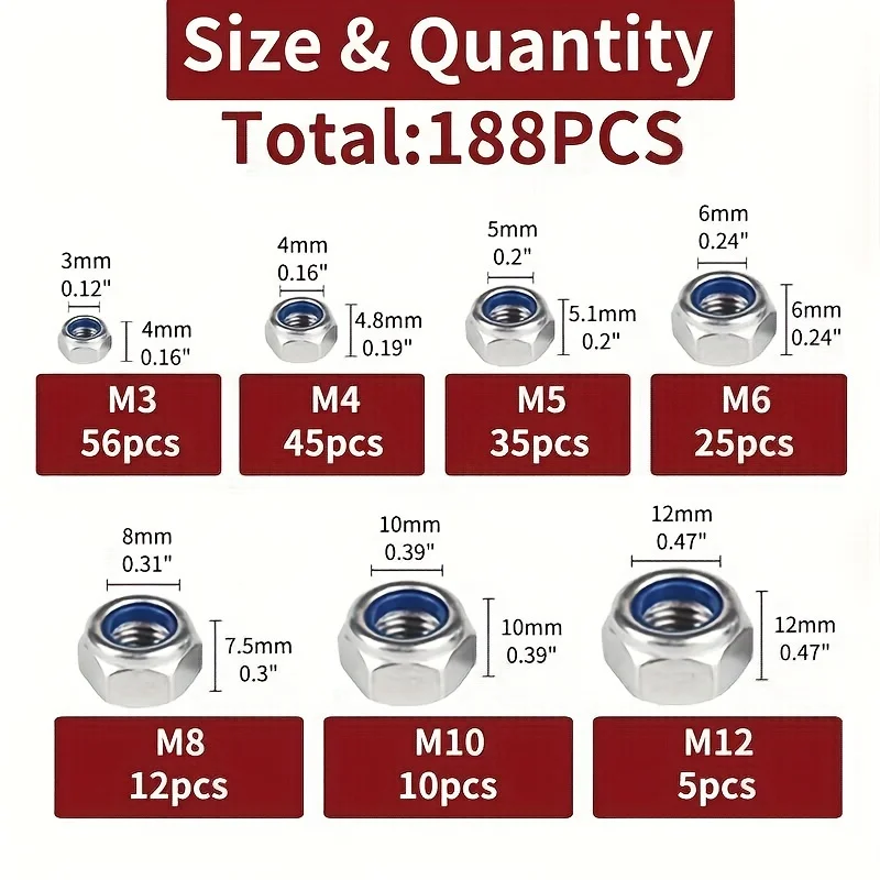 188/230/300pcs 304 Stainless Steel Lock Nut Assortment Kit Metric Nylon Insert M3 M4 M5 M6 M8 M10 M12