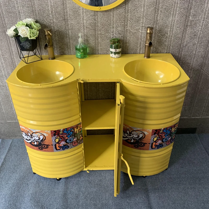 

Industrial style retro wash basin personality creative bar sink oil drum column basin cabinet floor integrate