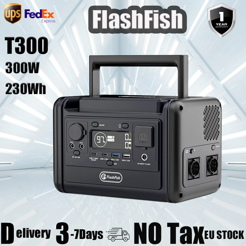 Estación de Carga Portátil Flashfish T300, 300W de Potencia, Batería de Litio LiFePO4 de 230WH, Fuente de Energía Móvil de Emergencia para Camping al Aire Libre