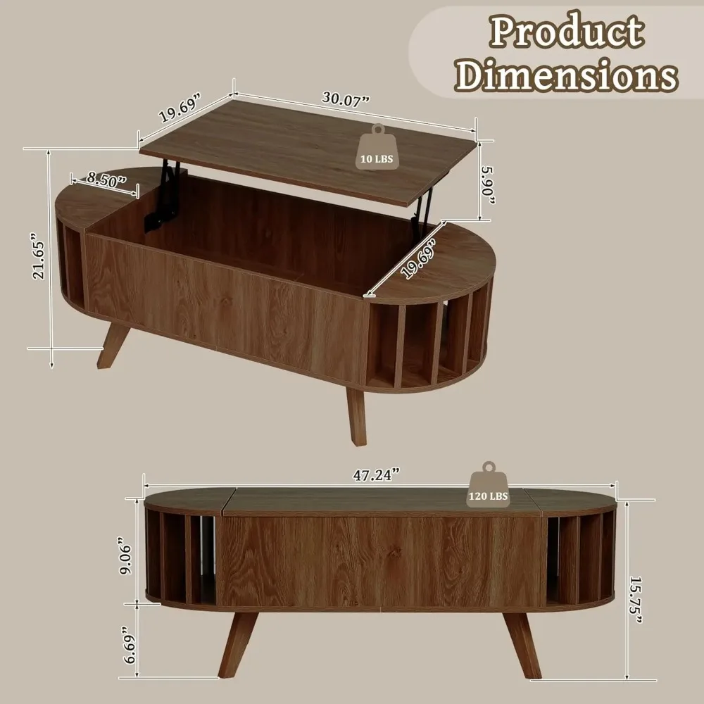 Wood Top Coffee Table with Hidden Storage,47.24" Oval Lift Table Top Curved Profile Design Low Tea Table for Living Room, Office 3