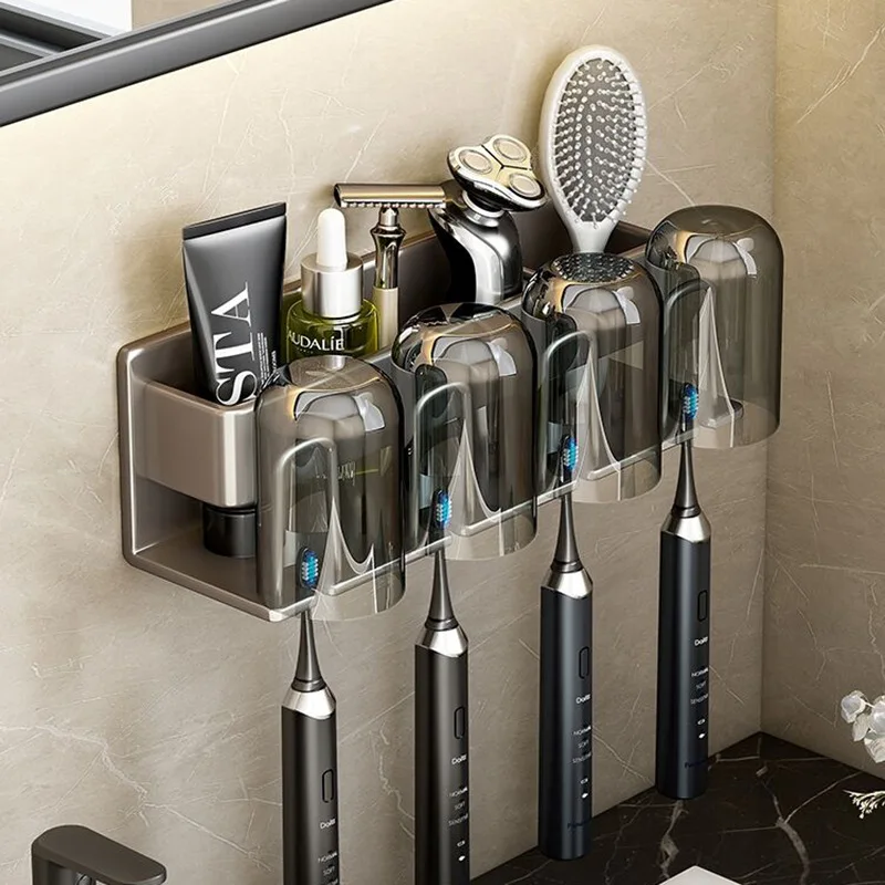 

Gun Ash Bathroom Storage Rack Hole Free Wall Mounted Electric Toothbrush Washstand Toothpaste Comb