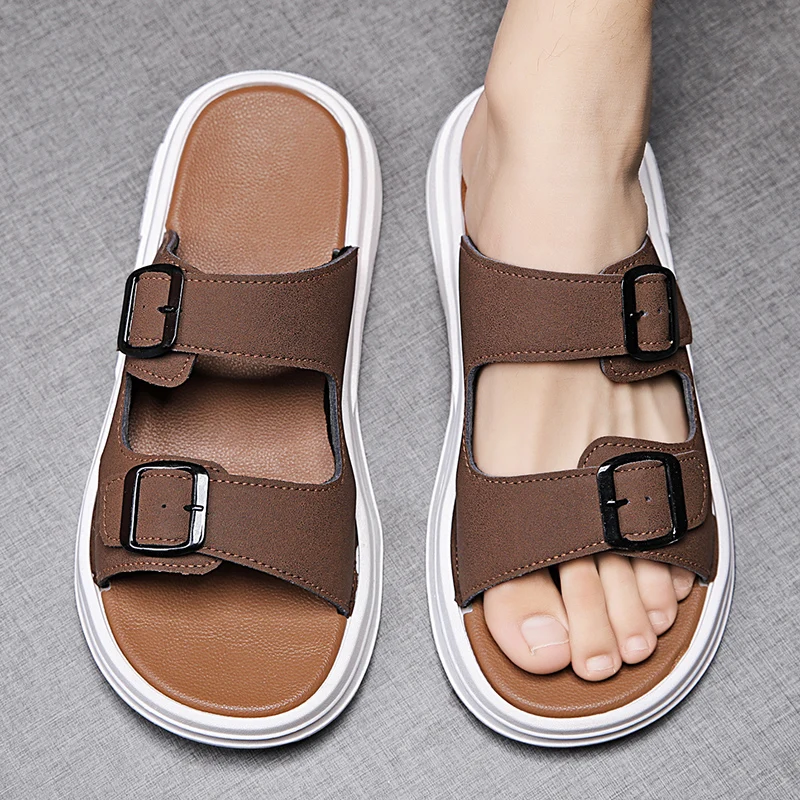 2023 New Summer Men's Soft Soles Slippers Suede Leather Slippers Man Indoor and Outdoor Two Buckle Beach Slides Footwear for Men