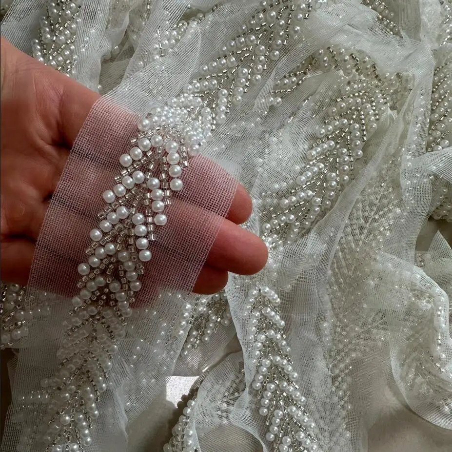 1Yard White Gold Pearl Beaded Lace Fabric Embroidered Lace Ribbon