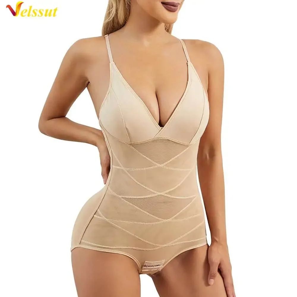 

Velssut V Neck Bodysuit Women Tummy Control Compression Body Suits Slimming Body Shaper Smooth Out Open Crotch Shapewear Ladies