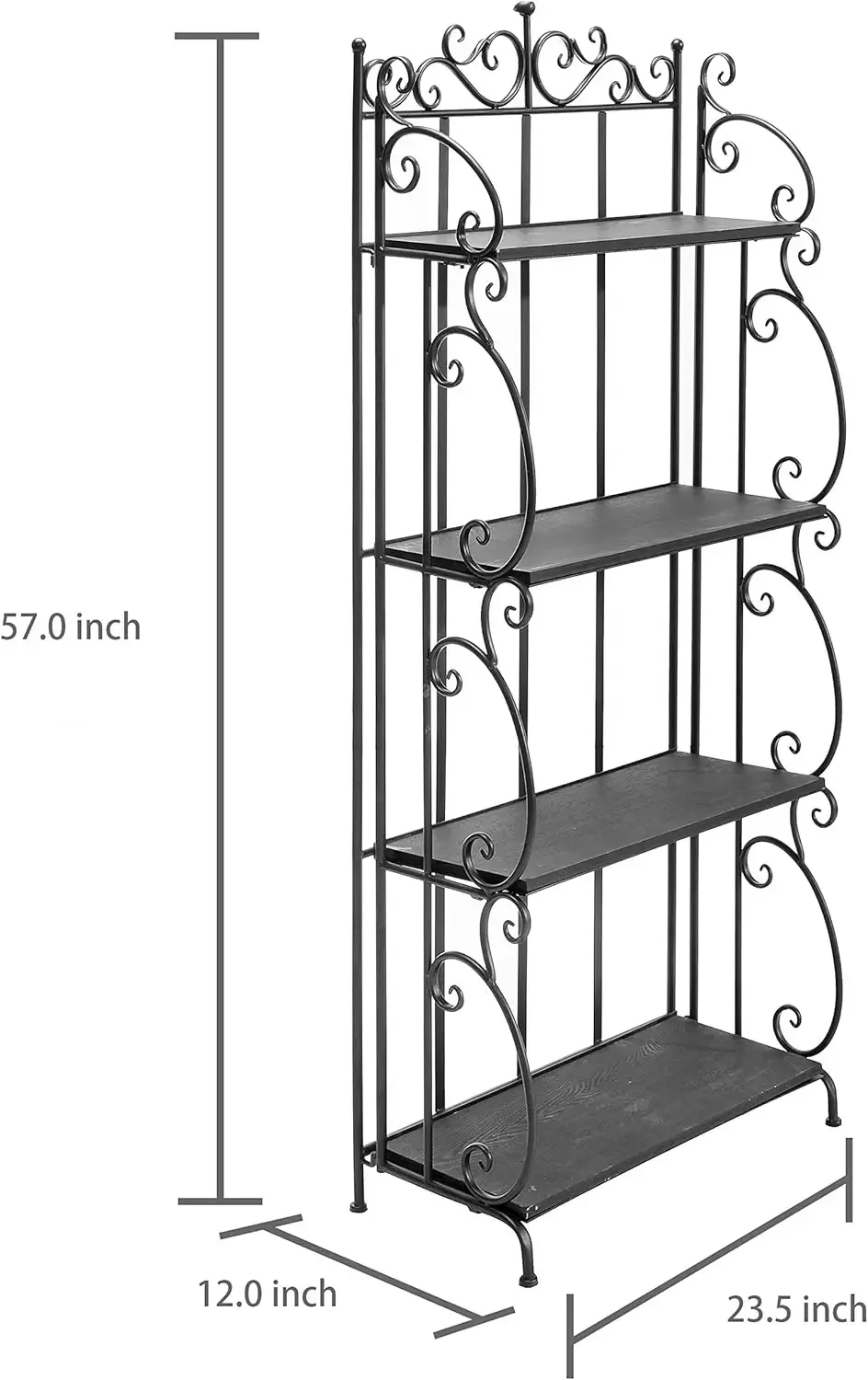 Metal scrollwork baker's rack close-up