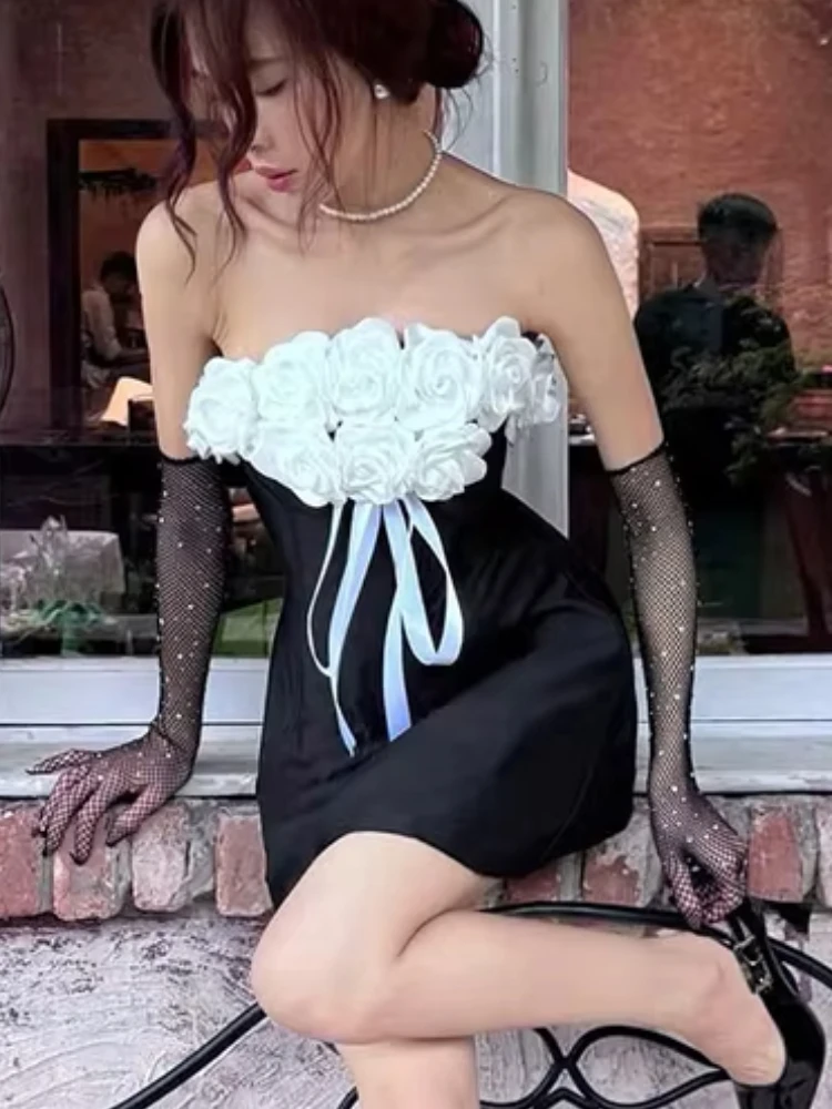 Nibber Fashion Rose Applique Dress Women Sexy Sleeveless Bandages Stretch Luxury Banquet Birthday Party Elegant Mini Bodycon