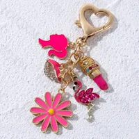 Pretty Rose Red Bag Lips Flamingos Lipstick Enamel Keychain Lovely Heart Animals Key Ring For Women Girls Handmade Jewelry Set 5