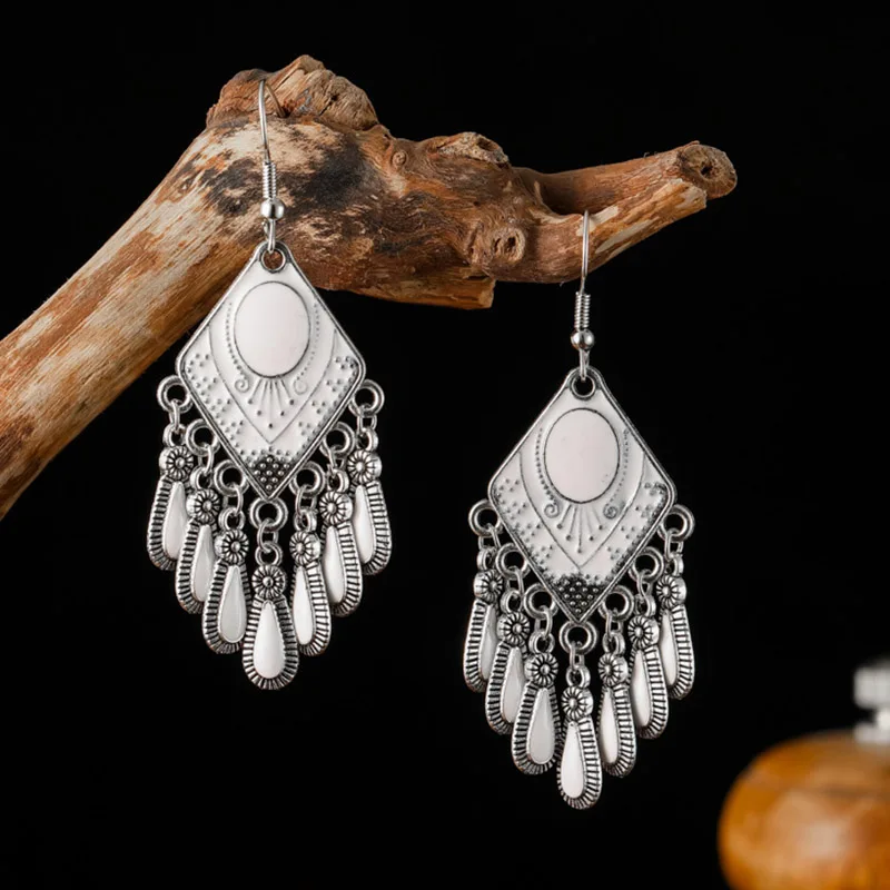Weiße Emaille Pfau Wasser tropfen Feder Ohrringe für Frauen ethnischen eleganten langen Kristall Strass Ohrring Boho Vintage Schmuck – Detail 1