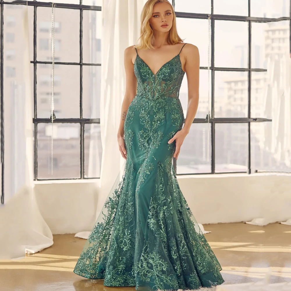 

Classic Prom Dresses Spaghetti Strap Sexy Deep V-neck Sleeveless Mermaid Train Open Back 2023 New Women Evening Party Gown