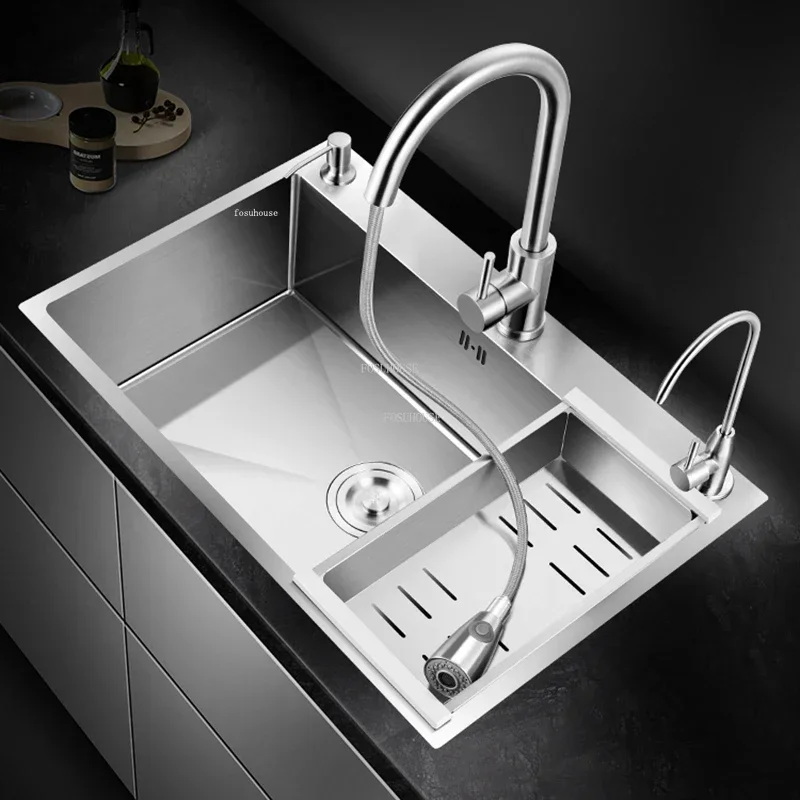 Three-hole Silver Stainless Steel Kitchen Sinks Luxury Kitchen Accessories Handmade Washbasin Single-slot Home Washing Sinks Z