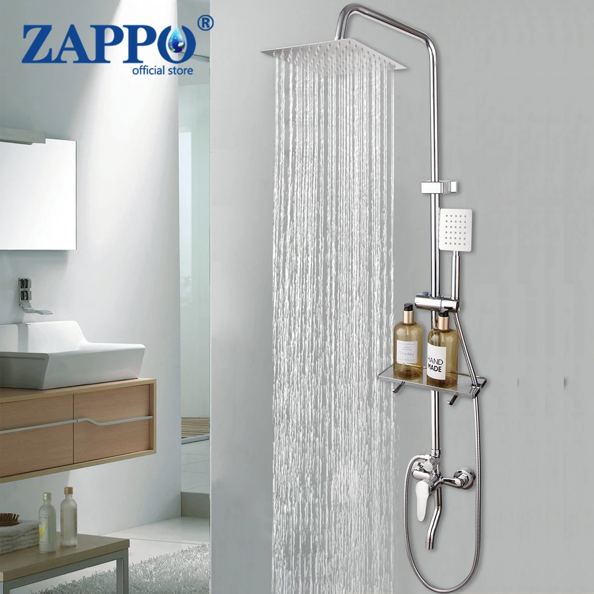 ZAPPO Bathroom Shower Faucet Wall Mount Chrome Polish Rainfall  Shower Faucet Set Bathtub Mixer Tap Bathroom Adjust Height