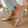 Gold Low Heels Pumps Women 2025 Spring Shiny Sequins Pointed Toe Party Shoes Woman Plus Size Simple Thick Heeled Bride Shoes 3