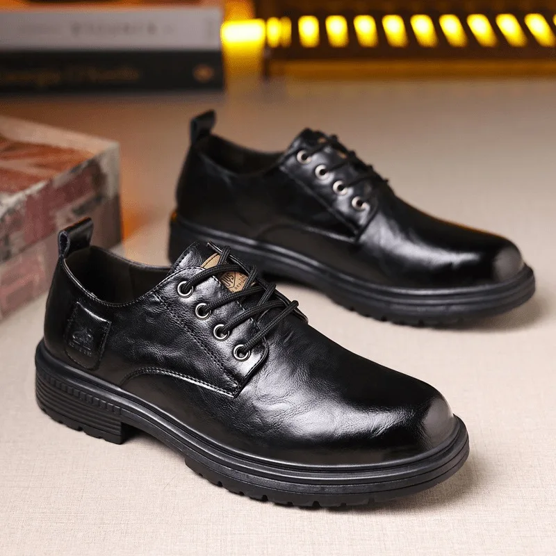 Retro Cow Leather Men's Dress Shoes Designer Solid Color Platform Shoes Men Fashion Casual Soft-soled Wedding Male