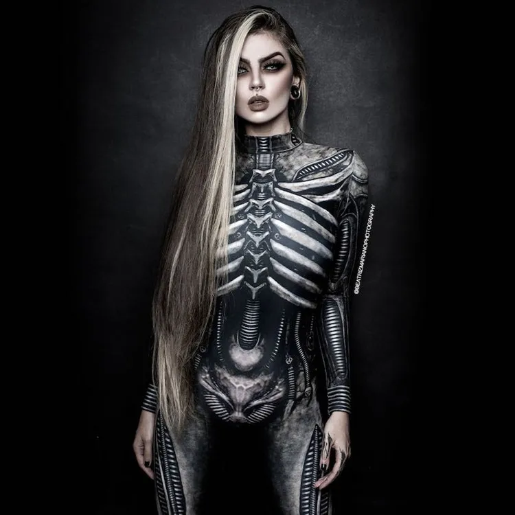 Women Clothing Long Sleeve 3D Printed Halloween Carnival Horror Human Skeleton Cosplay Costumes Tight Jumpsuit Zentai Bodysuit cosplay costume