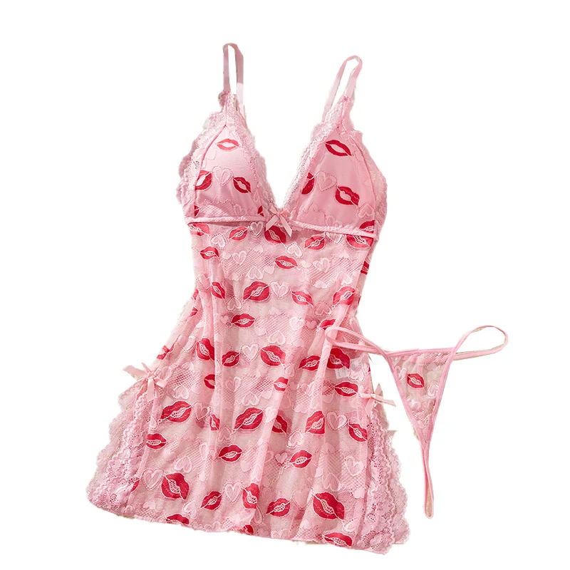 37915-bd3f1c.jpg New Women's Lip Print Heart-shaped Printed See Through Pink Lace Backless Nightgown Babydolls Pajama Dress Set - Image 1
