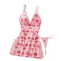 New Women's Lip Print Heart-shaped Printed See Through Pink Lace Backless Nightgown Babydolls Pajama Dress Set