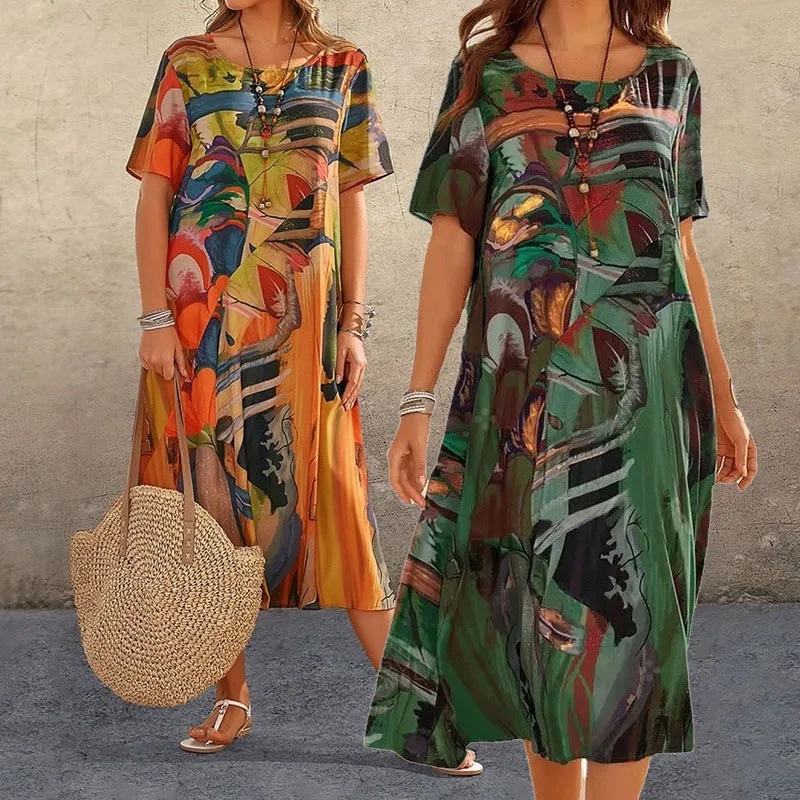 Bohemian Women Short Sleeve Midi Dress Summer O-Neck Mid Waist Full Art Print Mid-calf Length Dress Female Loose Casual Vestidos