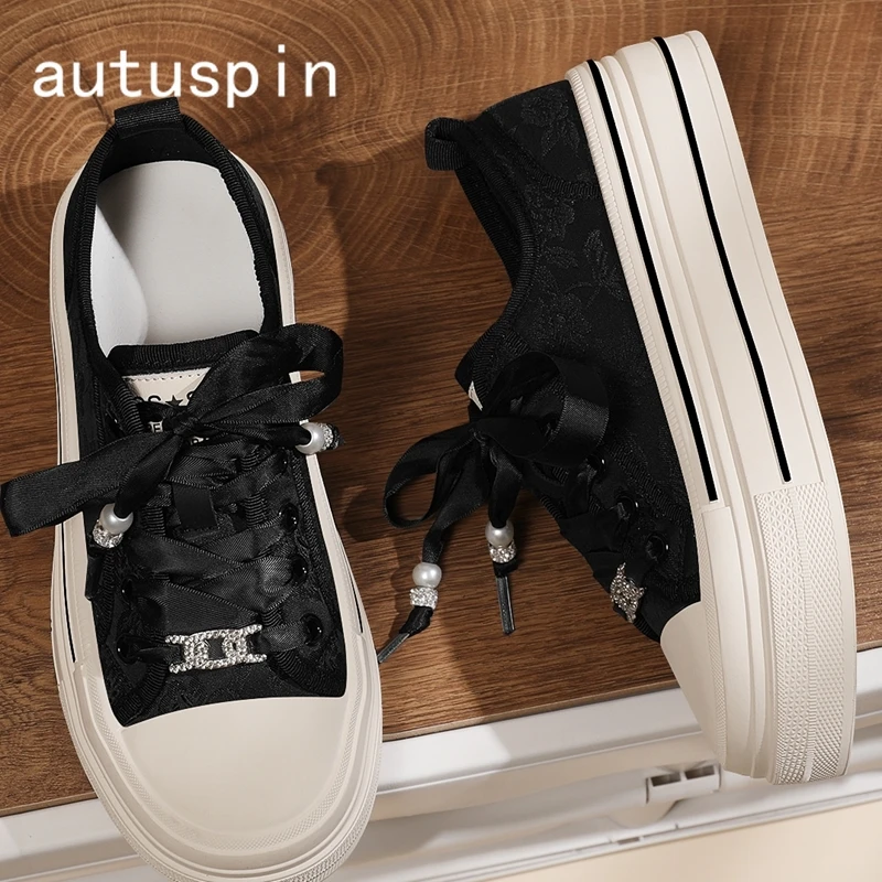 

AUTUSPIN New Cloth Women Sneakers Summer 2024 Fashion Pearl Crystal Decoration Ladies Shoes Flat Platform Lace Up Canvas Sneaker