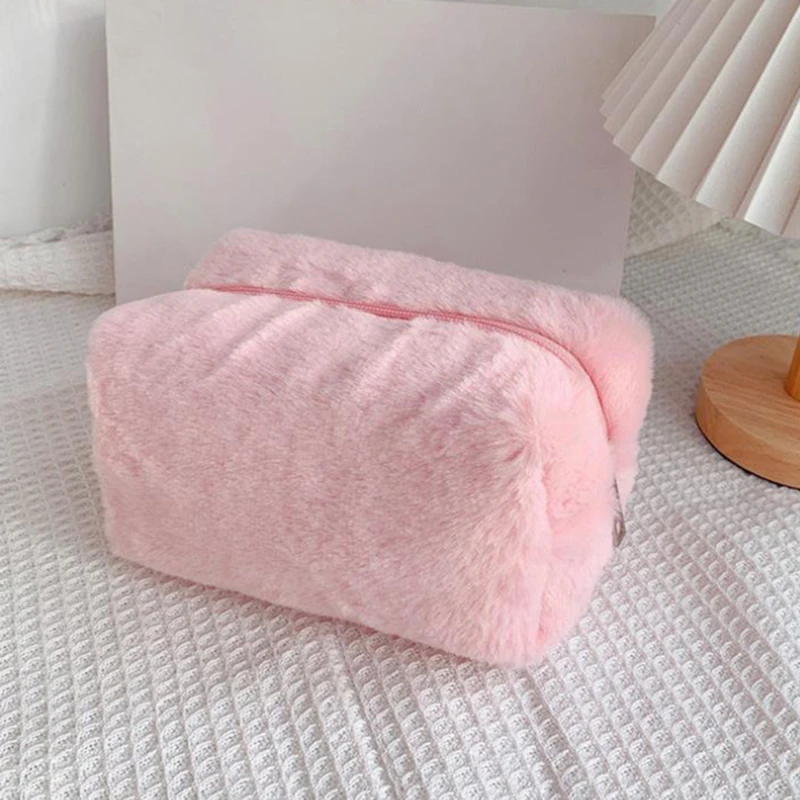 1 Pc Solid Color Fur Makeup Bag for Women Soft Travel Cosmetic Bag Organizer Case Young Lady Make Up Case Necessaries 5