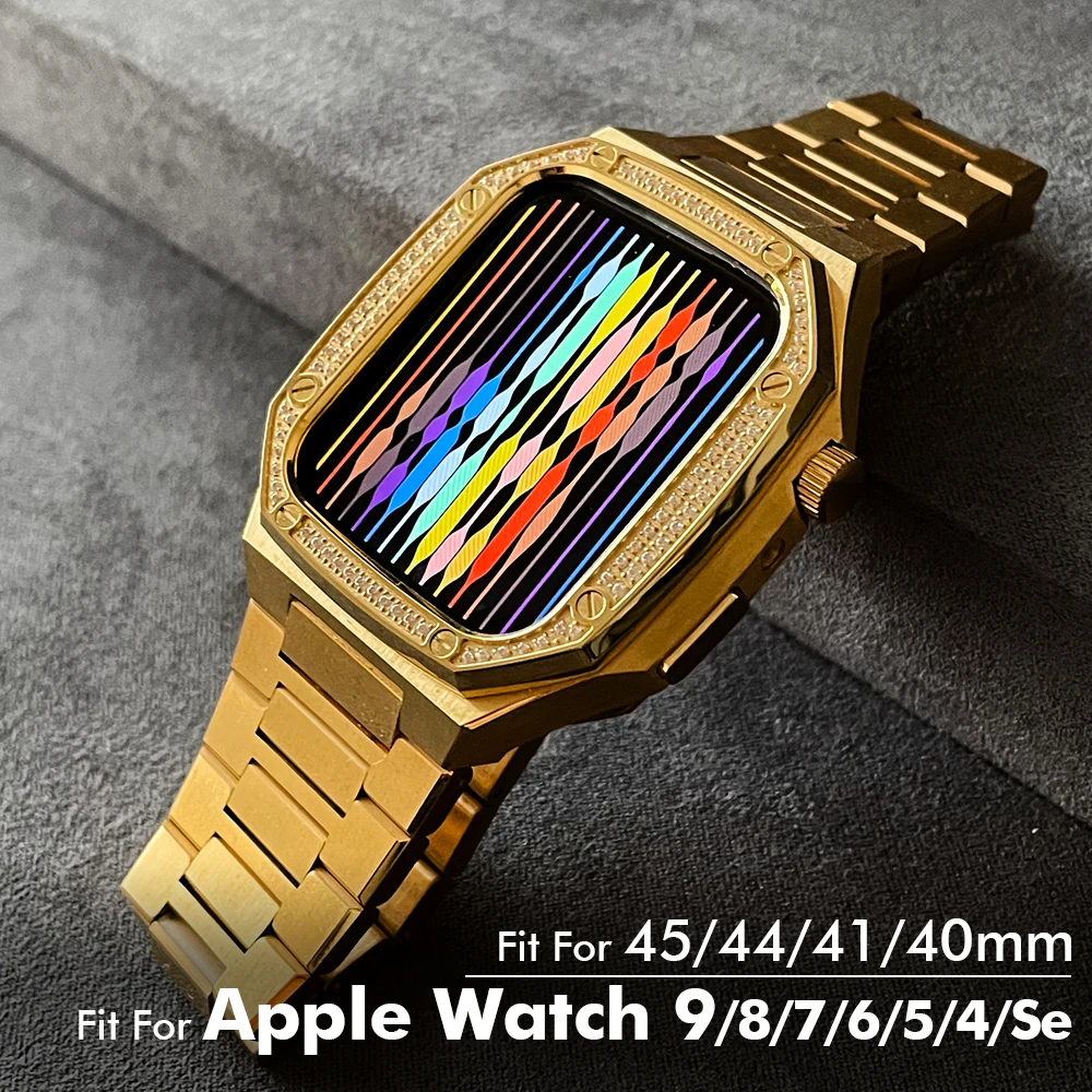 Per Apple Watch Series 9/8/7 Accessori Cinturino In Acciaio Inossidabile 44Mm 45Mm Business Affairs Luxury Iwatch 4/5/6/7/8/9/Se Case