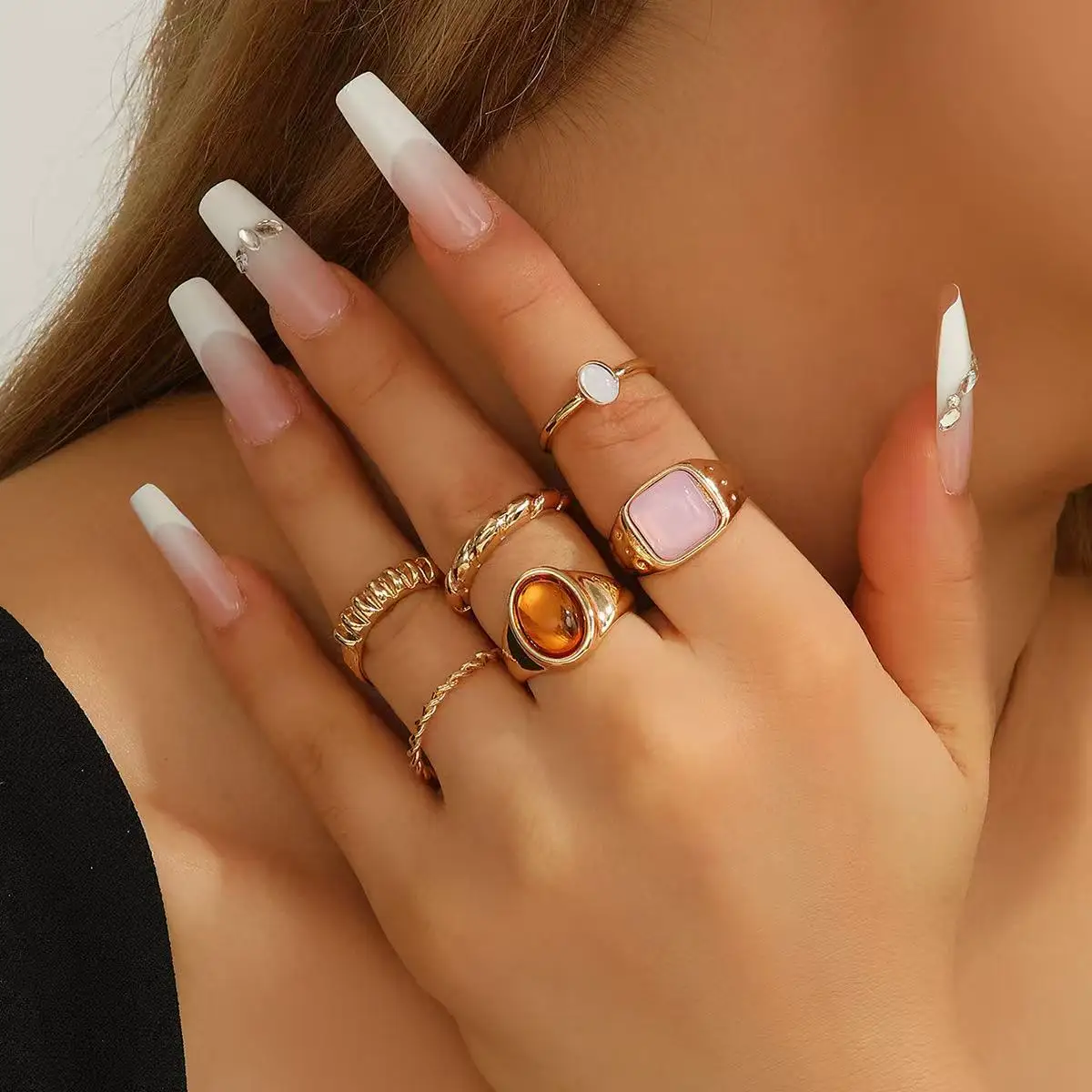 Fashionable Retro Geometric Pearl large Flower Ring Set, Gold Opening Women's Jewelry New Accessory set Gift Image 4