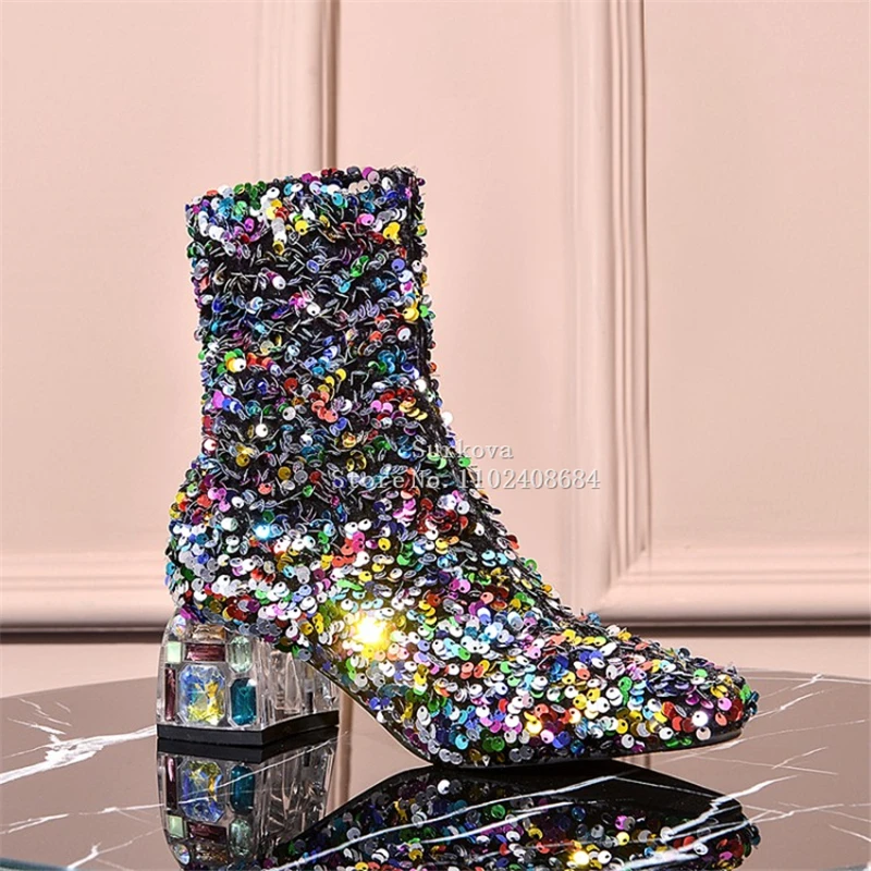 

Bling Ladies Strange Style Heel Shoes Autumn Winter Sequined Glitter Mid-Calf Boots Square Toe Crystal Luxury Party Ankle Boots