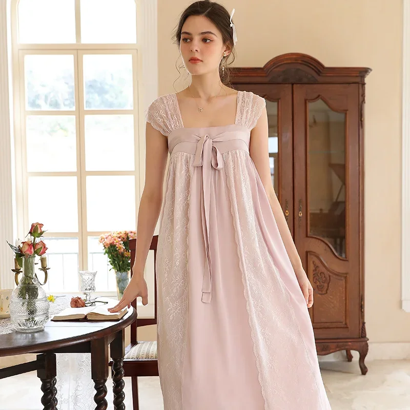 

Vintage Lace Satin Nightgowns Women Summer Sweet Sleeveless Nightdress Sleepwear Princess Nightwear Sexy Nighty Long Night Dress