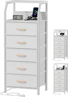 5 Drawers Dresser with Charging Station, Tall Night Stand with Open Shelf, Storage Tower with PVC & Fabric Drawer 1