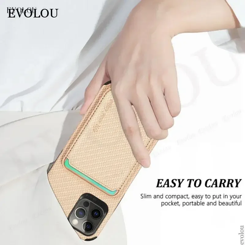 Premium Wireless Charging MagSafe Leather Case with Magnetic Card Slot and Carbon Fiber Design