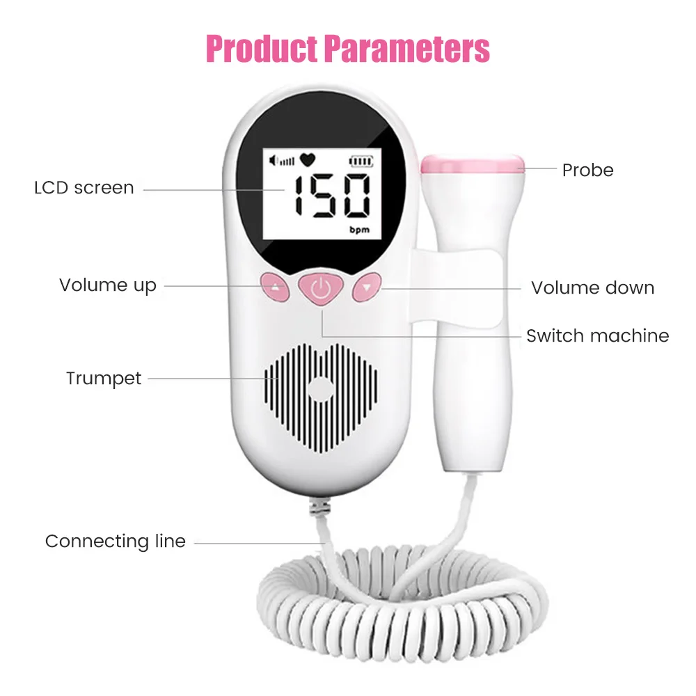 Fetal Heart Rate Monitor 3.0MHz Baby Heart Rate Sensor Fetal Doppler Heartbeat Detector LCD Pulse Meter No Radiation Stethoscope