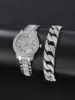 2PCS Silver Round Quartz Watch Women Luxury Silver Stainless Steel Gift Watch + Jewelry Set 1