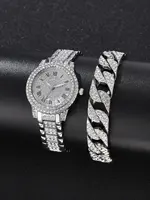 2PCS Silver Round Quartz Watch Women Luxury Silver Stainless Steel Gift Watch + Jewelry Set 1