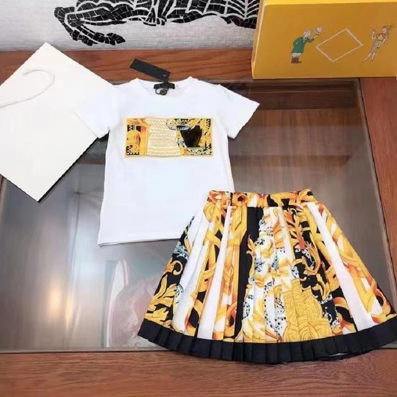 High-end custom summer hot girls dress cotton lettering round neck T-shirt short sleeves + short skirt suit