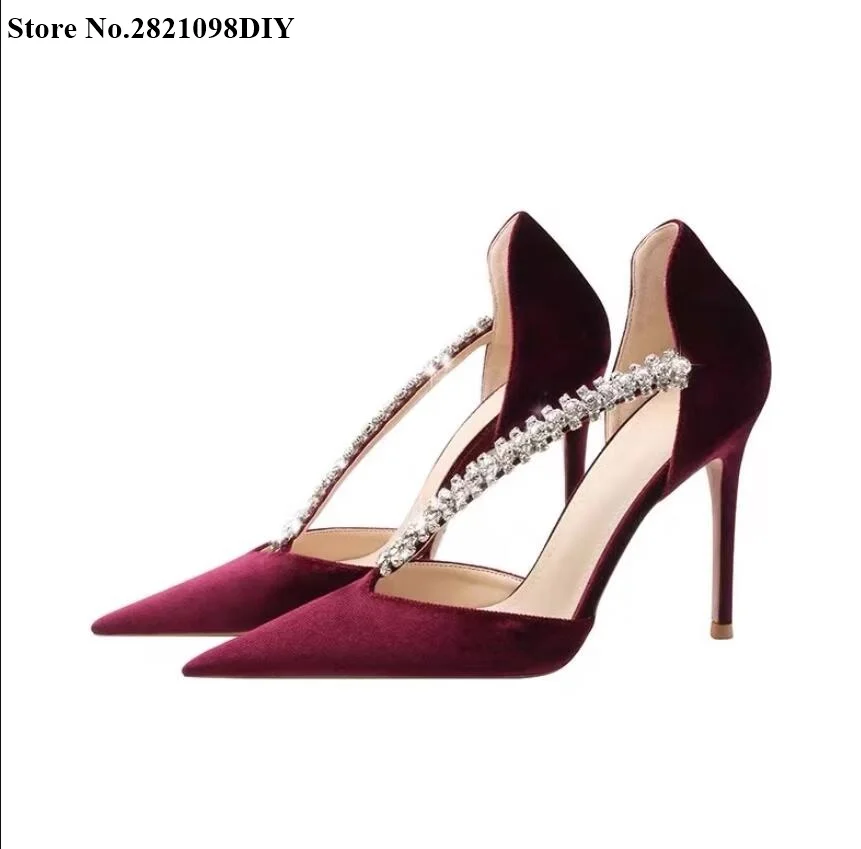 

Wine Red Velure Thin High Heel Pumps Women Pointed Toe Bling Bling Crystal Heeled Pointy Party Dress Shoes Stilettos 6Cm/8Cm