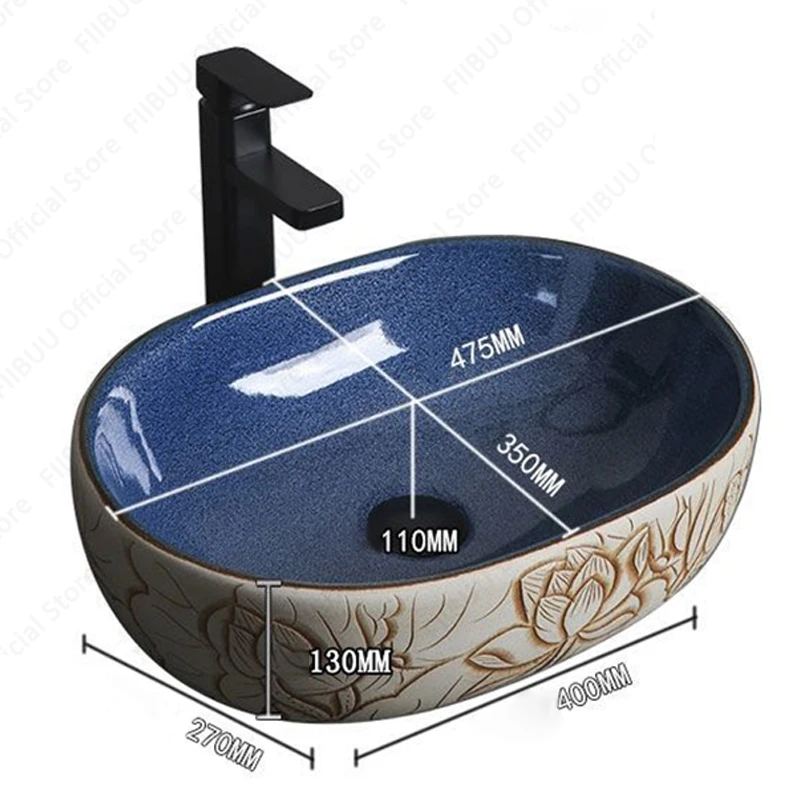 Ceramic Vessel Sink Lotus Flower Pattern Table Sink Above Counter Oval Washbasin Countertop Art Basin Bathroom Balcony Sink Bowl 6