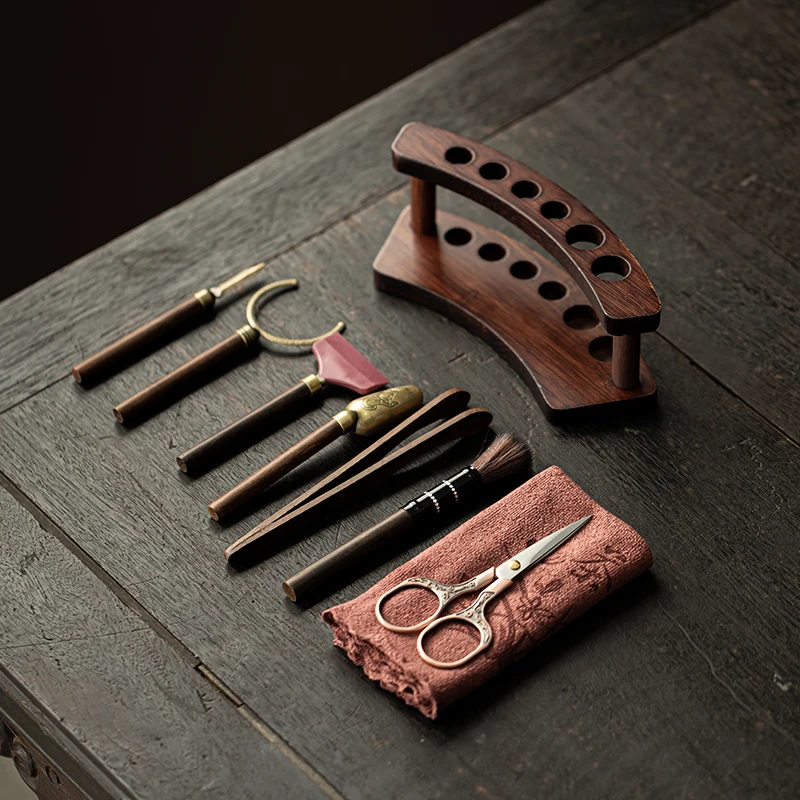 Solid wood tea ceremony six gentlemen set Kung Fu tea set accessories Daquan tea table tray tea making tools tea scraping set