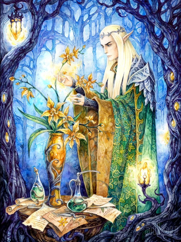 thumbnail image 1 of Pintura de diamante 5D con diseño de príncipe elfo y señor de fantasía, anillo con paisaje forestal con árbol y flores, punto de cruz, mosaico, decoración del hogar, 1 of 5