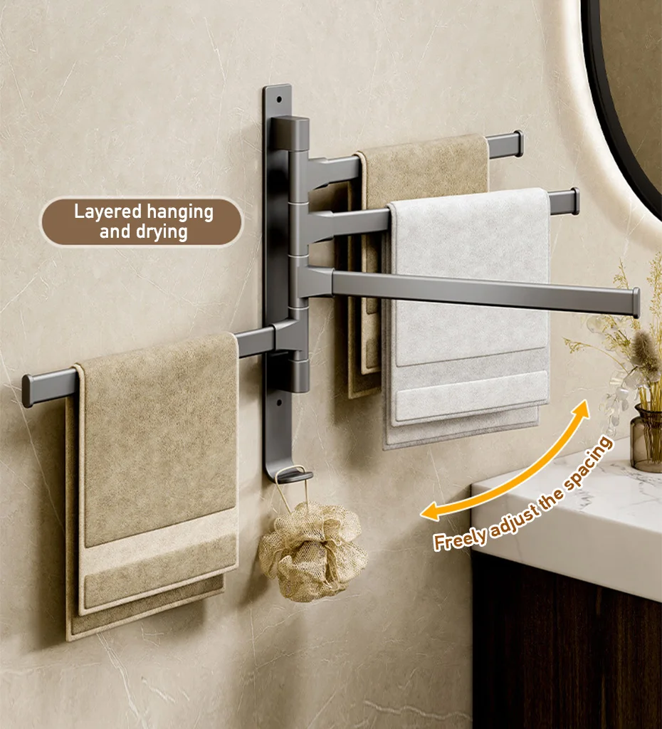 Description Picture 3 of itemBathroom Swivel Towel Rack Rotatable 180° Wall Mount without Drilling 2/3/4/5-Bar Towel Hanger Shower Room Kitchen Towel Hanging