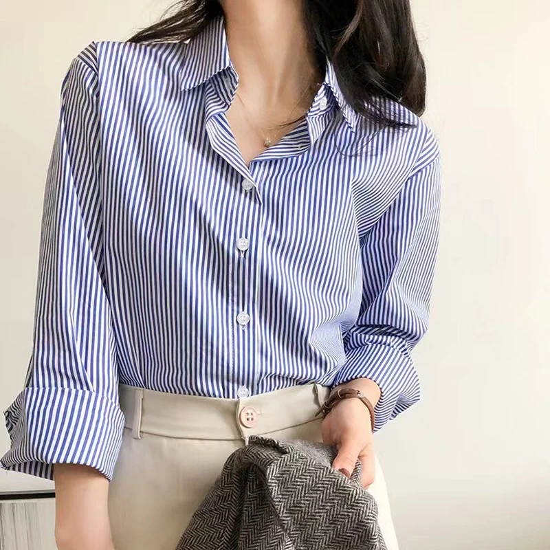 Women Casual Striped Blue White Long Sleeve Shirt