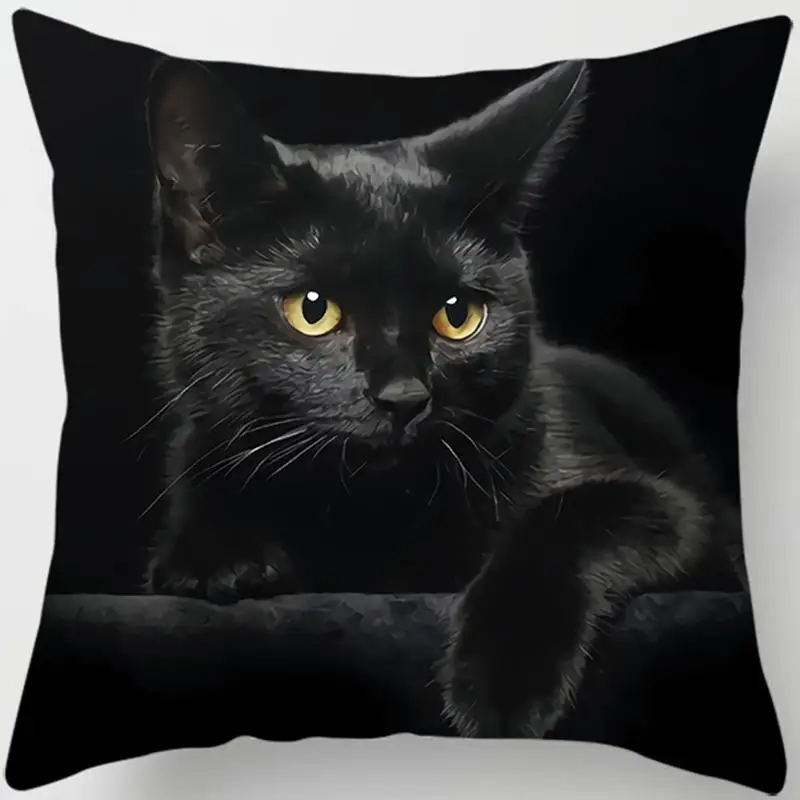 Housse De Coussin Carree Imprimele Chat Noir, Ameublement De Maison, De Voiture, Canapé