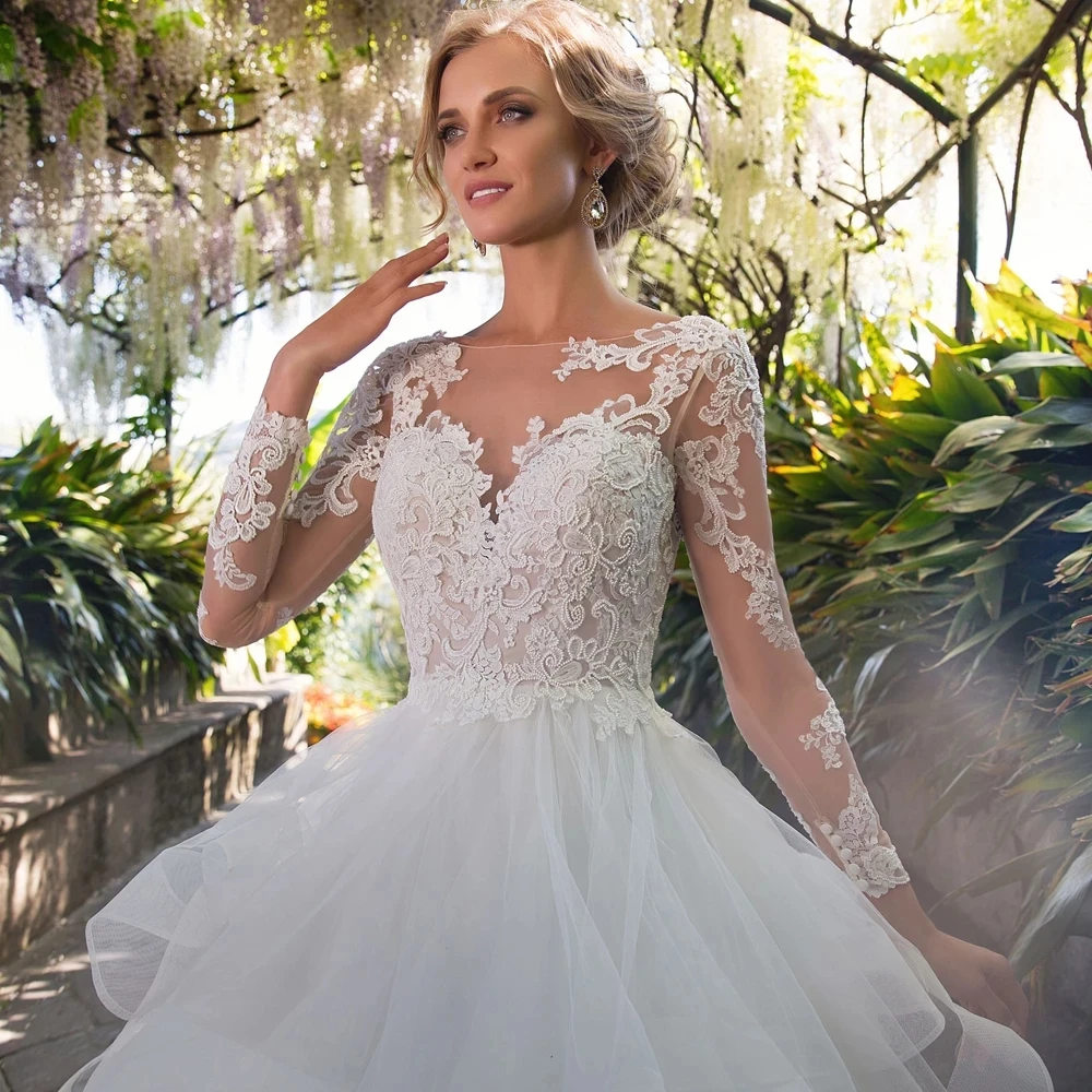 Aviana Modern Lace Appliques V-Neck Tiered A-Line Wedding Dress For Bride Floral Printed Backless Tulle Organza Robe De Mariée