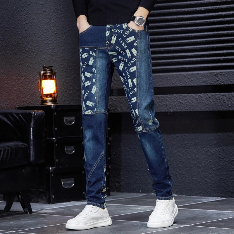 High Street Personality Jeans Men's Fashion Stitching Printing Trend Youth Men's Clothing Party Pencil Pants Motorcycle Trousers
