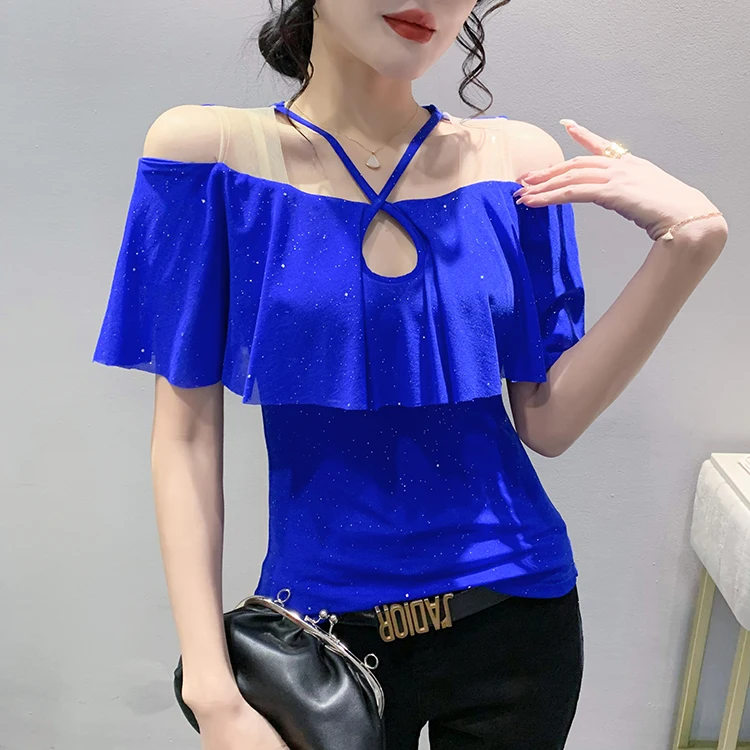 

Сетчатые футболки в стиле пэчворк с оборками, футболка с коротким рукавом для девочек, Черный Топ для женщин, лето 2023