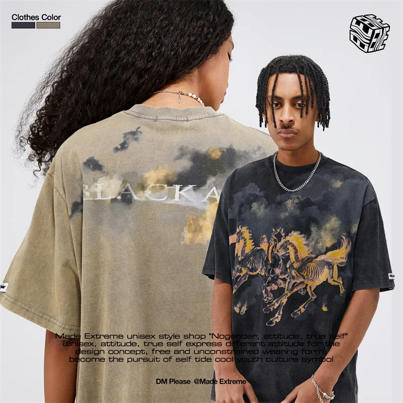 

BLACKAIR Street Fashion Brand Flame Skull Horse Print Summer Loose Washed Old Short Sleeve Oversize T-shirt for Men and Women