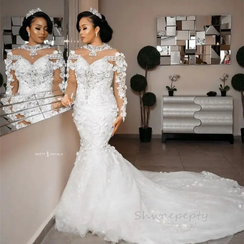 

Luxury Mermaid Wedding Dress 3D Floral Lace Appliques Crystals Beaded Long Sleeves Arabic Bridal Gowns Chapel Robe de Mariée